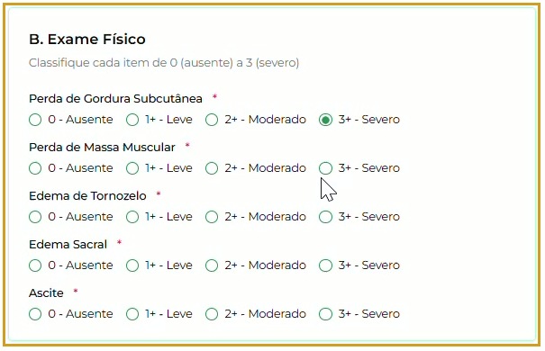 Exame Físico: cinco critérios e escala de 0 — Ausente a 3+ — Severo.