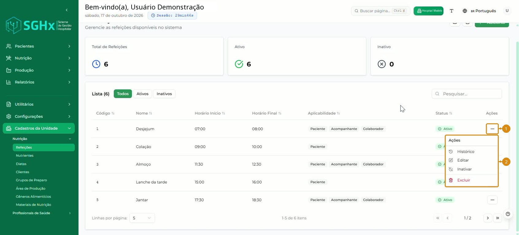 Menu de ações de uma refeição cadastrada.