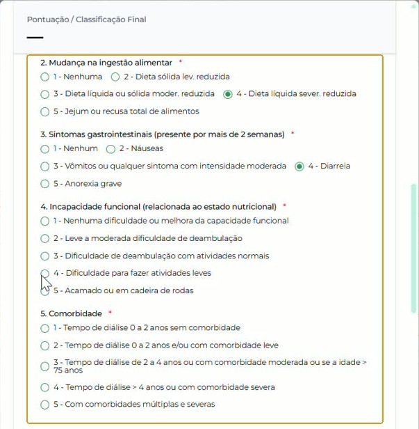 Continuação da História Clínica: incapacidade funcional e comorbidade, com suas alternativas.