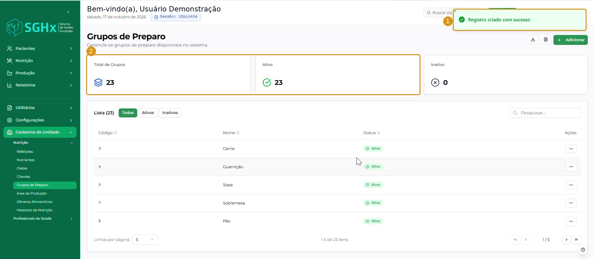 Confirmação de criação e indicadores atualizados no ambiente de demonstração.