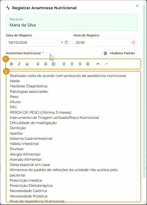 Conteúdo de Anamnese Adulto inserido no editor; paciente, data e hora fictícios.
