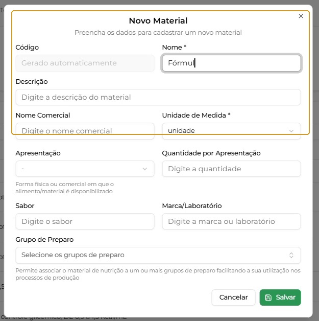 Formulário Novo Material.