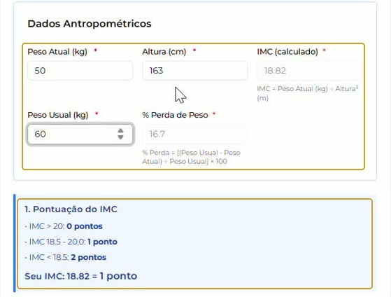 Dados antropométricos preenchidos e quadro Pontuação do IMC; Altura em centímetros.