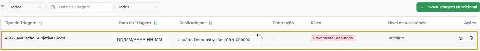 Registro ASG salvo com classificação C, risco Gravemente Desnutrido, nível Terciário e ações de consulta e PDF.