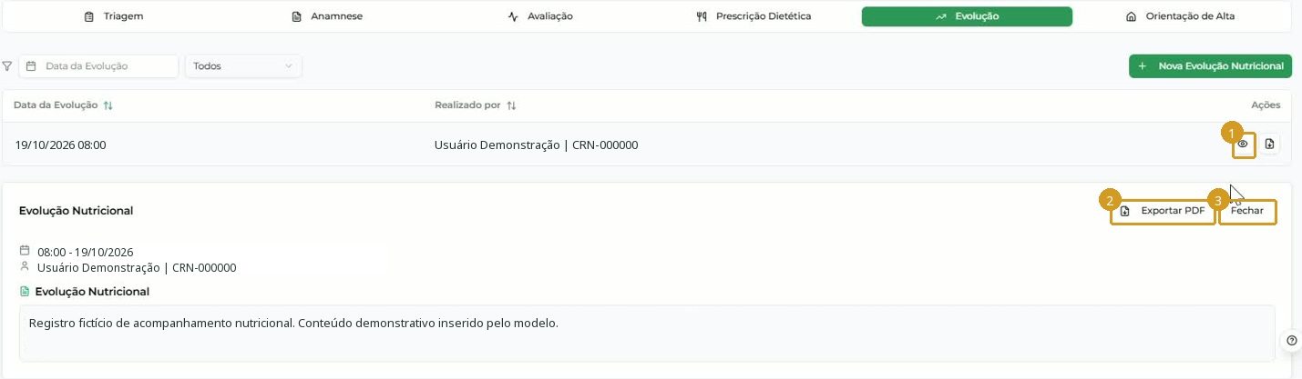 Consulta expandida da Evolução Nutricional; data, profissional e conteúdo fictícios.