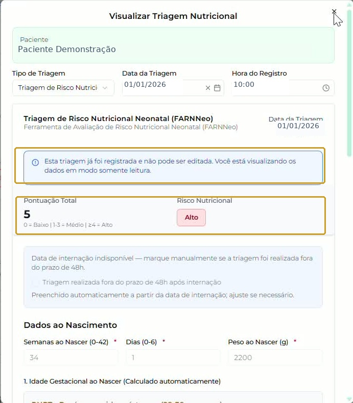 Consulta da FARNNeo, aviso de somente leitura, pontuação, risco e dados ao nascimento; identificação fictícia.