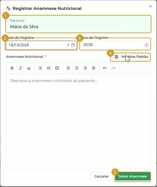 Formulário Registrar Anamnese Nutricional; identificação, data e hora fictícias.