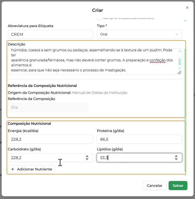 Oral: referência Dia e composição nutricional diária.