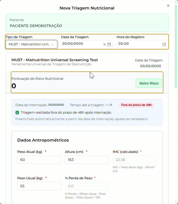 MUST selecionada no formulário; identificação e datas neutralizadas.