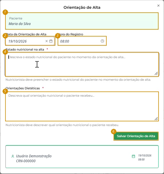 Formulário Orientação de Alta; paciente, data, hora e profissional fictícios.
