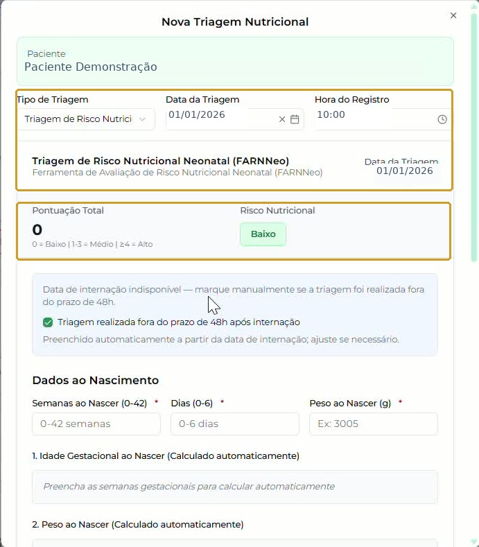 FARNNeo selecionada, data, hora, pontuação e risco; paciente e datas fictícios.