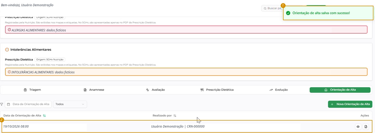 Confirmação do salvamento e novo registro; informações assistenciais e profissionais fictícias.