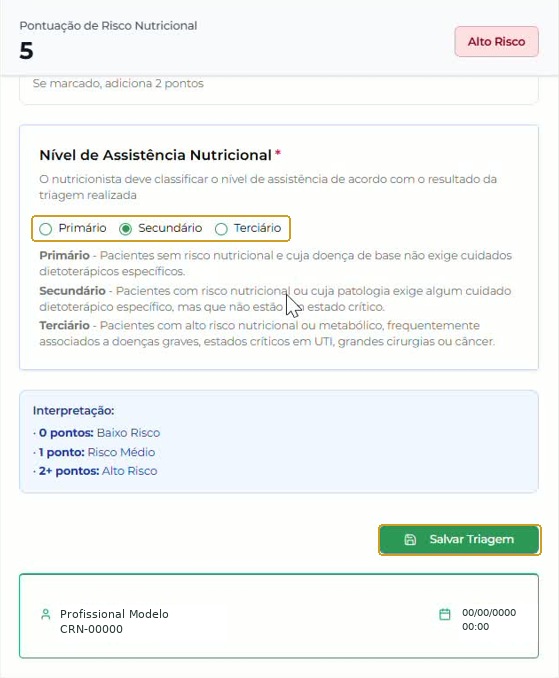 Nível Secundário selecionado no exemplo, Interpretação e botão Salvar Triagem; profissional fictício.