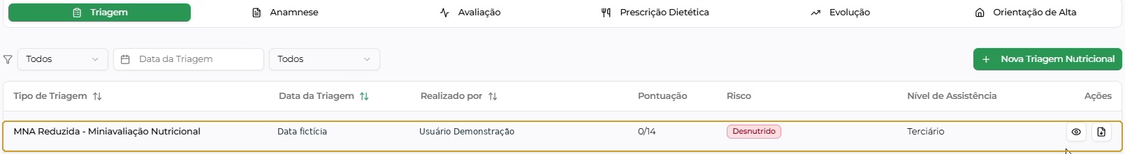 Registro salvo da MNA Reduzida e ações de consulta e PDF; datas e profissional neutralizados.