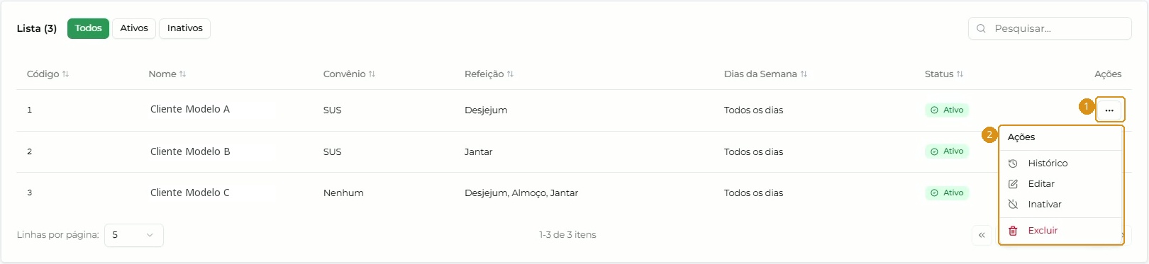 Menu Ações aberto para um cliente cadastrado.