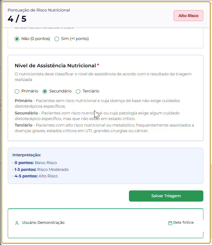 Pontuação, nível de assistência, quadro Interpretação e botão Salvar Triagem; profissional fictício.