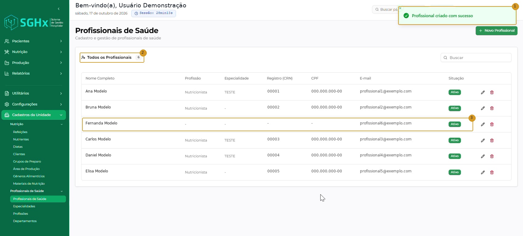 Confirmação do cadastro e novo registro com dados fictícios na listagem.