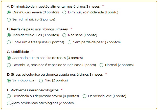 Questões A a E, suas alternativas e pontuações durante o preenchimento.
