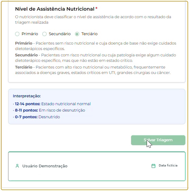 Nível Terciário selecionado no exemplo, quadro Interpretação e botão Salvar Triagem; profissional fictício.